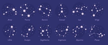 Temiz çizgileri ve modern yerleşimi olan stilize zodyak takımyıldızları. Narin, yıldızlı estetik, yeni bir görsel dönüm, modaya uygun tasarımlar, astrolojiden esinlenilmiş dekorasyon ve yaşam tarzı markalaşması için mükemmel..