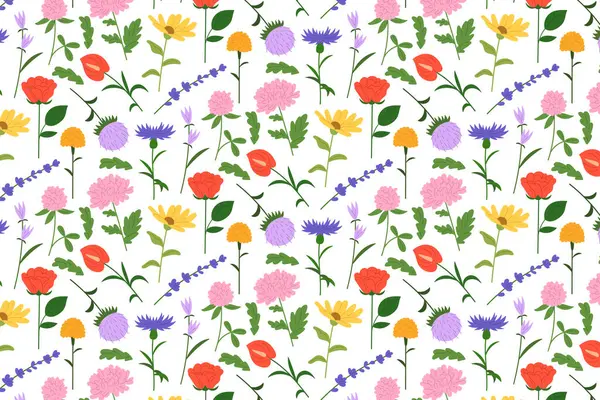Beyaz arka planda yumuşak pastel çiçekleri olan kusursuz bir desen. Bahar ve doğa projeleri için temiz ve zarif botanik dokusu.