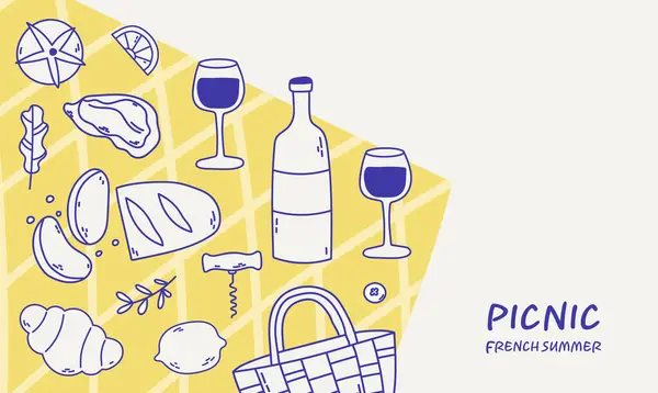 Minimum karalama kompozisyonu piknik yaşam tarzını ve yemek unsurlarını gösteriyor. Başlıklar, sosyal medya ve editoryal kullanım için mükemmel.