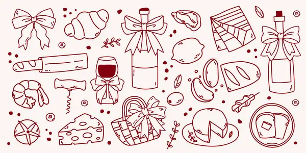 Retro boho tarzında güzel bir el yapımı piknik karalaması. Yumuşak bej arka planda Burgundy renkli çizgiler. Piknik gereksinimleri. Bardaklar, şişeler ve sepetler üzerinde ince fiyonklar. Açık hava temalı projeler için mükemmel..