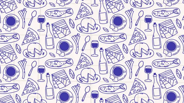 Klasik ekose arka planda eğlenceli karalama pikniği kalıpları, piknik battaniyesinin sıcak havasını çağrıştırıyor. Tekstil, kağıt ve temalı projeler için harika.