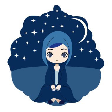 Sevimli İslami kız hüzünlü bir gecede oturuyor. Arkasında yıldızlarla dolu.