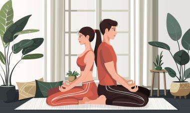 Odada barışçıl bir meditasyon yapan çiftler. Genç kız ve genç adam sırt sırta, sakin ve rahat bir şekilde otururlar. Düz bir stil. Vektör illüstrasyonu