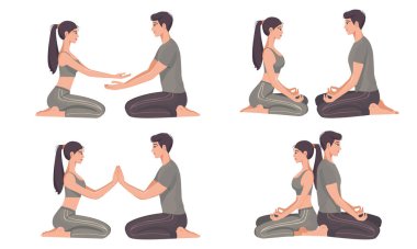 Bir grup kadın ve erkek meditasyon yapıyor. Farklı pozisyonlarda meditasyon. Beyaz arka plan üzerine birkaç meditasyon. Düz bir şekilde vektör illüstrasyonu.