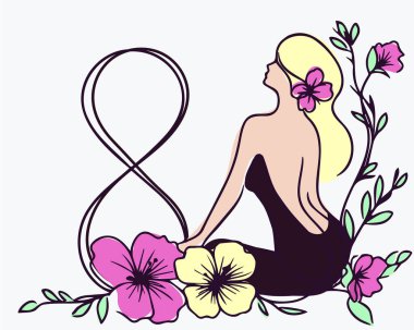 Mutlu Kadınlar Günü 8 Mart kartları. Renkli ve çiçekli bir kadının soyut portresi. Sürekli bir çizgi çiziyor. Vektör illüstrasyonu.