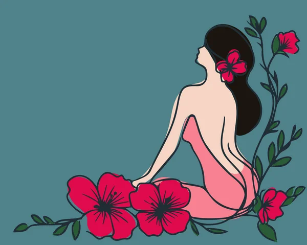 Çiçeklerle Oturan Romantik Kız. İnsan ve Doğa Uyumu. Metin için boşluk ile vektör köşesi illüstrasyonu. Bir minimalist çizgi sanatı