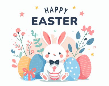 Tatlı beyaz erkek tavşan ve yumurtalarla Paskalya tebrik kartın kutlu olsun. Vektör illüstrasyonu