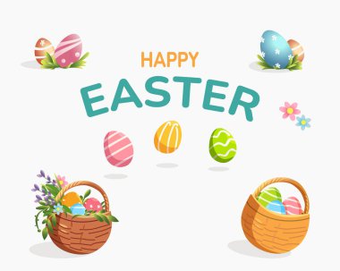 Beyaz arka planda şirin renkli paskalya öğeleri seti. Yumurta sepeti çiçek hediyesi.