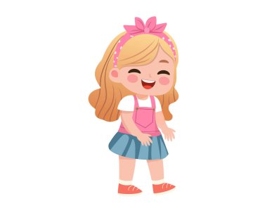 Beyaz arka planda izole edilmiş mutlu çizgi film kızı. Vektör illüstrasyonundaki sevimli karakter