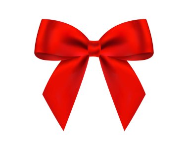 Parlak saten kurdeleden yapılmış gerçekçi dekoratif kırmızı fiyonk. Beyaz arkaplanda izole edilmiş sayfa dekoru için vektör yayı