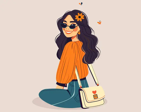 Yarım dönüşle gülümseyen güzel bir kız. Moda ve güzellik. Düz biçimli vektör illüstrasyonu