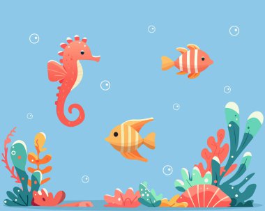 Farklı deniz balığı ve deniz atı ve deniz yosunları. Akvaryum balığı. Düz stil. Vektör illüstrasyonu