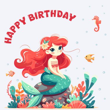 Tatlı ve mütevazı deniz kızıyla dolu renkli mutlu yıllar tebrik kartı taşın üzerinde deniz yosunuyla oturuyor. Vektör İllüstrasyonu