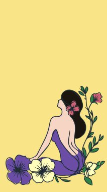 Çiçeklerle Oturan Romantik Kız. İnsan ve Doğa Uyumu. Metin için Boşluğu olan Vektör Köşesi ResmiComment.