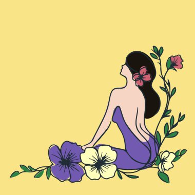 Çiçeklerle Oturan Romantik Kız. İnsan ve Doğa Uyumu. Metin için Boşluğu olan Vektör Köşesi ResmiComment.