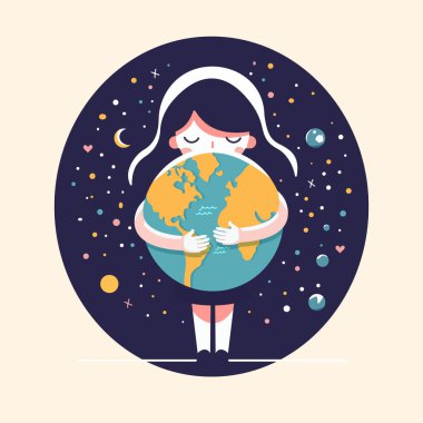 Değer veren kız dünyaya nazikçe sarılıyor. Dünya günü. Vektör illüstrasyonu