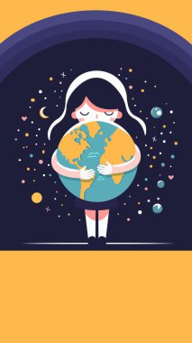 Değer veren kız dünyaya nazikçe sarılıyor. Dünya günü. Vektör illüstrasyonu