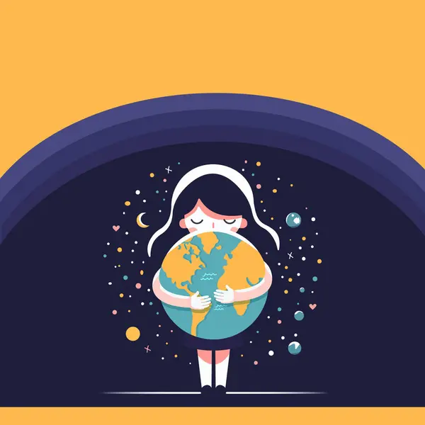 Pečující Dívka Něžně Objímající Planetu Zemi Den Země Vektorová Ilustrace — Stockový vektor