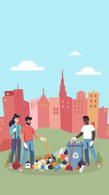 İnsanlar gezegeni çöpten temizliyor. Dünya Çevre Günü. Gezegeni kurtar. Dünya Günü konsepti. Düz biçim vektör illüstrasyonu
