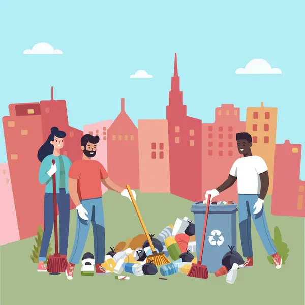 İnsanlar gezegeni çöpten temizliyor. Dünya Çevre Günü. Gezegeni kurtar. Dünya Günü konsepti. Düz biçim vektör illüstrasyonu