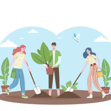 Bir grup insan ağaç dikiyor. Dünya Günü. Yeşil Gezegen Çevresi. Konsept Düz Çizgi Film Vektör İllüstrasyonu