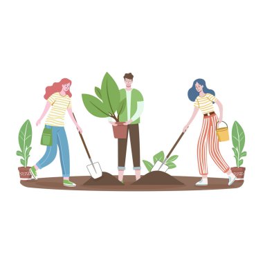 Bir grup insan beyaz arka plana ağaç dikerler. Dünya Günü. Yeşil Gezegen Çevresi. Konsept Düz Çizgi Film Vektör İllüstrasyonu