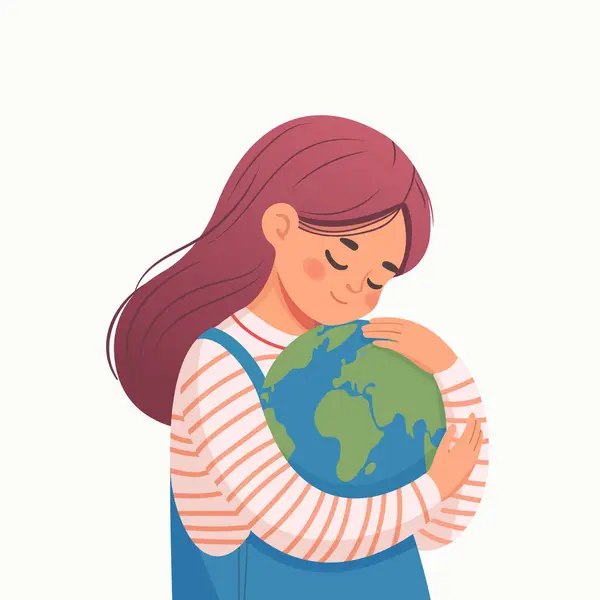 Pečující Dívka Jemně Objímající Planetu Zemi Bílém Pozadí Den Země — Stockový vektor
