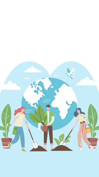 Группа людей сажает дерево. День Земли. Зеленая планета окружающей среды. Концепция плоской иллюстрации вектора мультфильма