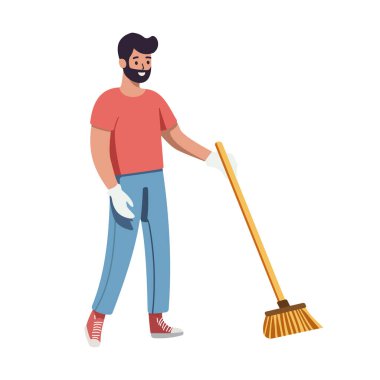 Çöpleri temizlemek için süpürgesi olan genç bir adam. Dünya Günü. Konsept Düz Çizgi Film Vektör İllüstrasyonu