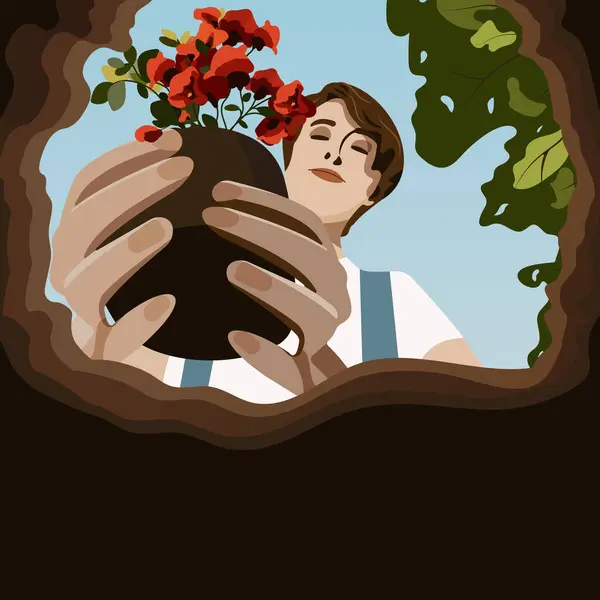 Человек Садовник Сажает Дерево Саду Сажает Растения День Земли Зеленая — стоковый вектор