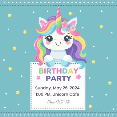 Doğum günü partisi davetiyesi şablonu ve şirin tek boynuzlu at. Vektör illüstrasyonu.