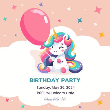 Doğum günü partisi davetiyesi şablonu ve şirin tek boynuzlu at. Vektör illüstrasyonu.