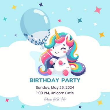 Doğum günü partisi davetiyesi şablonu ve şirin tek boynuzlu at. Vektör illüstrasyonu.