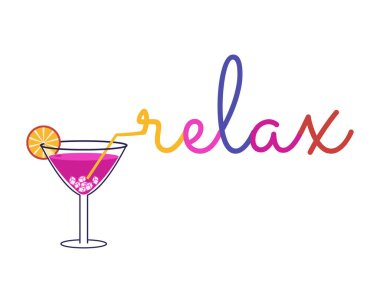 Pembe kokteyl, pipet ve yazıyla. Rahatla. Afişler, posterler, partiler için şablon. Kokteyl partisi. Düz biçimli vektör illüstrasyonu