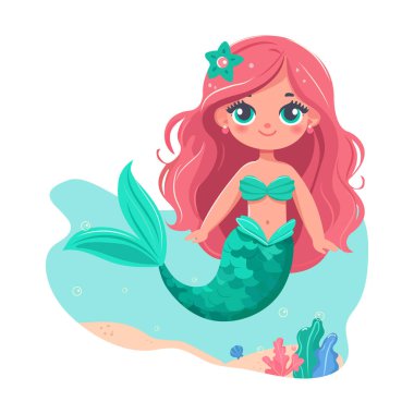 Beyaz arka planda güzel gözleri olan güzel bir denizkızı tasviri. Vektör İllüstrasyonu. Düz biçim