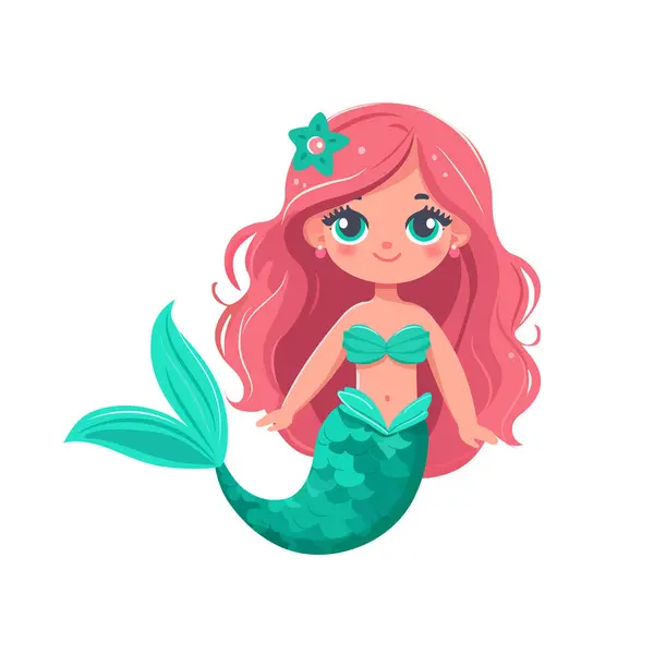 Beyaz arka planda güzel gözleri olan güzel bir denizkızı tasviri. Vektör İllüstrasyonu. Düz biçim