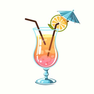 Saman ve şemsiyeli bir bardak kokteyl. Sex on the Beach kokteyli. Düz biçim vektör illüstrasyonu
