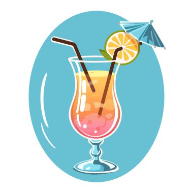 Saman ve şemsiyeli bir bardak kokteyl. Sex on the Beach kokteyli. Düz biçim vektör illüstrasyonu