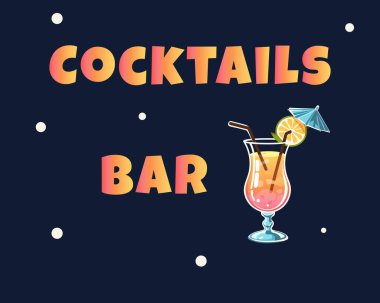 Barlar, restoranlar, partiler, doğum günü davetiyeleri, posterler, kartlar ve afişler için bir bardak kokteyl. Kokteyl partisi. Gece kulübü. Düz biçimli vektör illüstrasyonu
