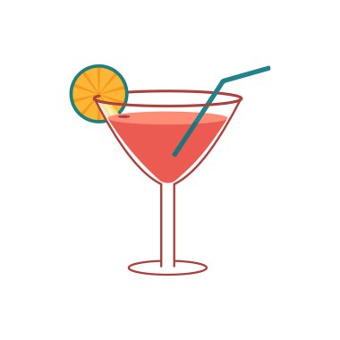 Düz bir bardak kokteyl. Tebrik kartları, kartpostallar, davetiyeler, menü tasarımı, simgeler için vektör illüstrasyonu. Satır sanat şablonu