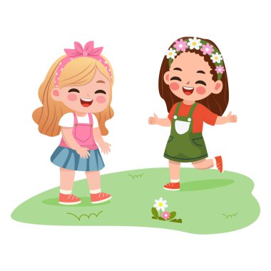 İki kız oynarken ve koşarken gülümsüyor. Düz dizayn tarzında bir çizgi film karakteri izole edildi. Vektör illüstrasyonu