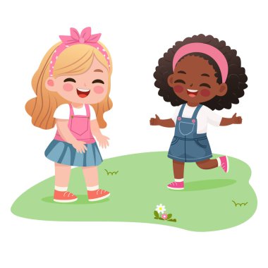 Oynayan ve koşan gülümseyen uluslararası çocuklar. Düz dizayn tarzında bir çizgi film karakteri izole edildi. Vektör illüstrasyonu