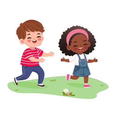 İki gülümseyen uluslararası çocuk oynuyor ve koşuyor. Düz dizayn tarzında bir çizgi film karakteri izole edildi. Vektör illüstrasyonu