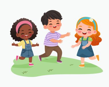 Gülümseyen uluslararası çocuklar oynuyor ve koşuyor. Düz dizayn tarzında bir çizgi film karakteri izole edildi. Vektör illüstrasyonu
