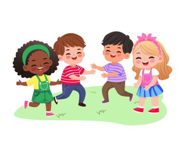 Gülümseyen uluslararası çocuklar oynuyor ve koşuyor. Düz dizayn tarzında bir çizgi film karakteri izole edildi. Vektör illüstrasyonu