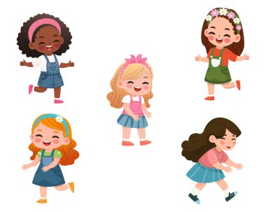 Oynayan ve koşan gülümseyen uluslararası çocuklar. Düz dizayn tarzında bir çizgi film karakteri izole edildi. Vektör illüstrasyonu