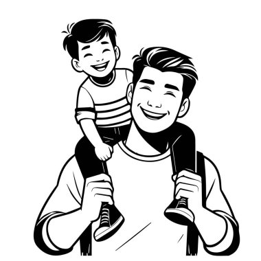 Çizgi film babalar günü. Oğul babanın omuzlarında oturuyor. Vektör illüstrasyonu