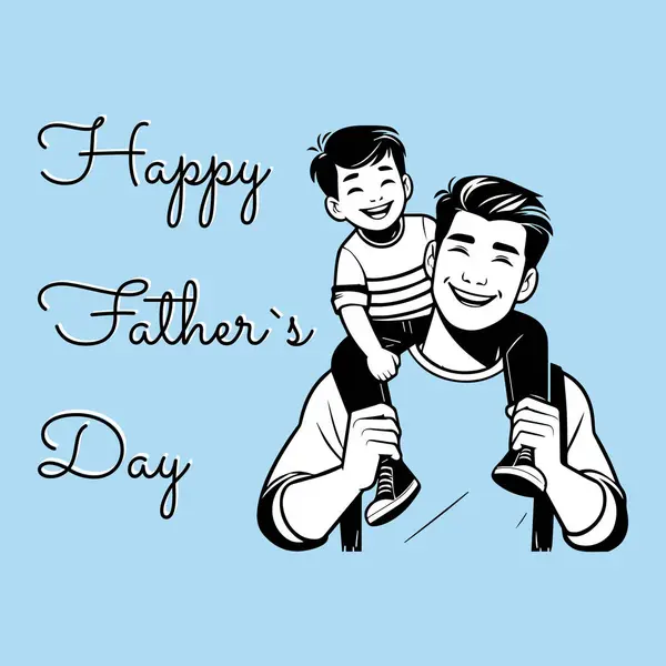 Çizgi film babalar günü. Oğul babanın omuzlarında oturuyor. Vektör illüstrasyonu