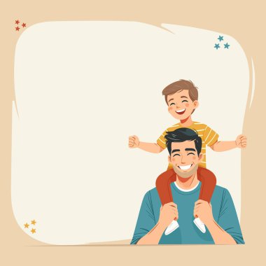 Babalar günün kutlu olsun. Oğul babasının omuzlarında düz bir şekilde oturuyor. Vektör illüstrasyonu