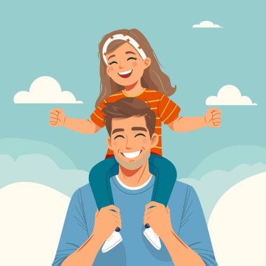 Babalar günün kutlu olsun. Kız, babasının omuzlarında düz bir şekilde oturuyor. Vektör illüstrasyonu